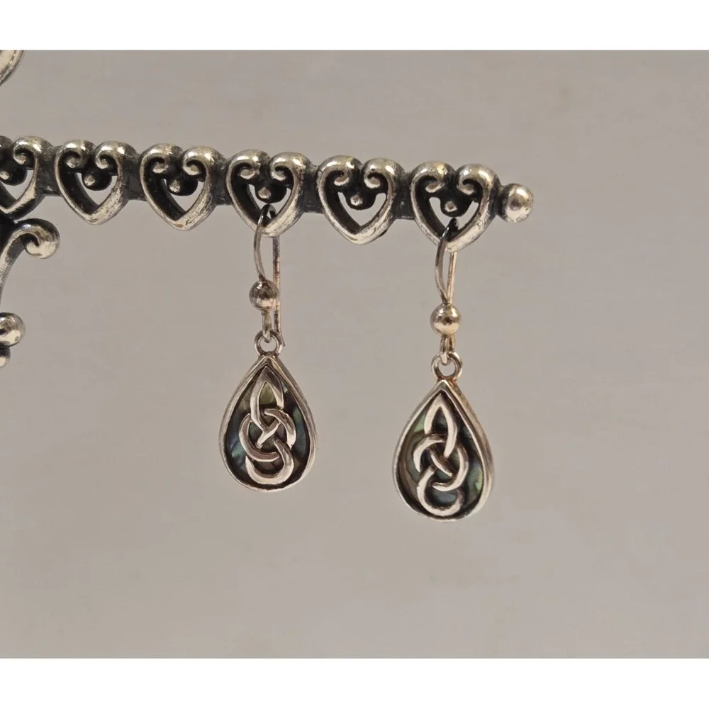 Vintage Sterling Silver Celtic Knot Abalone Shell Dangle Earrings